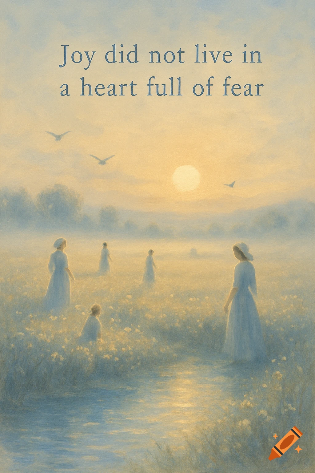 A painterly image of a misty field at sunrise or sunset with several figures in long dresses, a stream, birds, and the quote "Joy did not live in a heart full of fear" at the top.