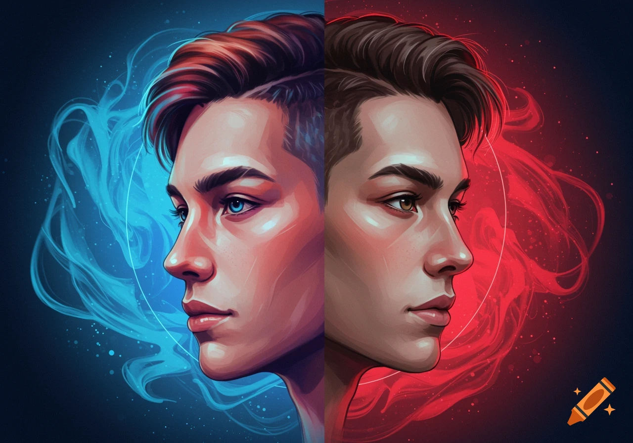 A digital art illustration of a person's face split vertically, with one side against a blue smoky background and the other against a red smoky background.