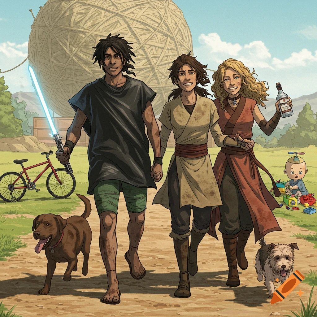 An animated scene showing a man with a lightsaber and a woman holding a bottle, walking with two dogs by a giant ball of twine. A baby plays nearby.