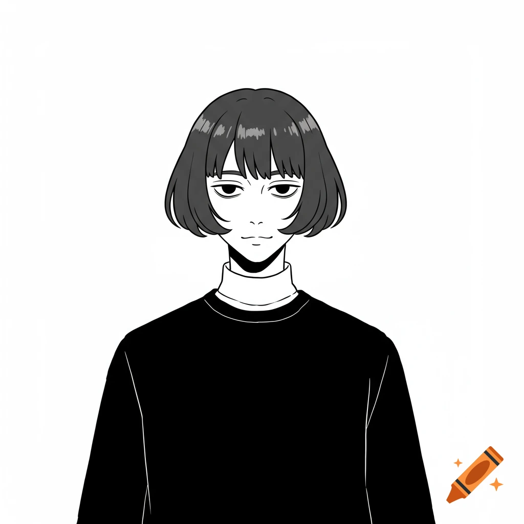 A black and white minimalist illustration of a character with a bob cut and black sweater, facing forward with a neutral expression.