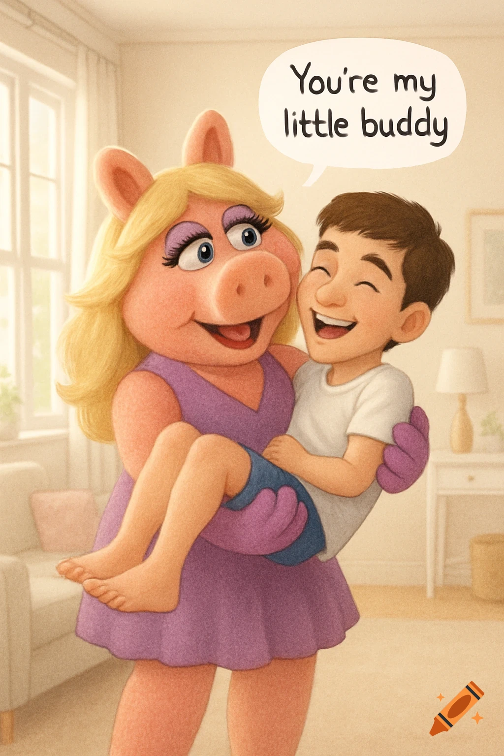 A cartoon illustration of Miss Piggy holding a laughing boy in a bright room, with a speech bubble saying 'You're my little buddy.'