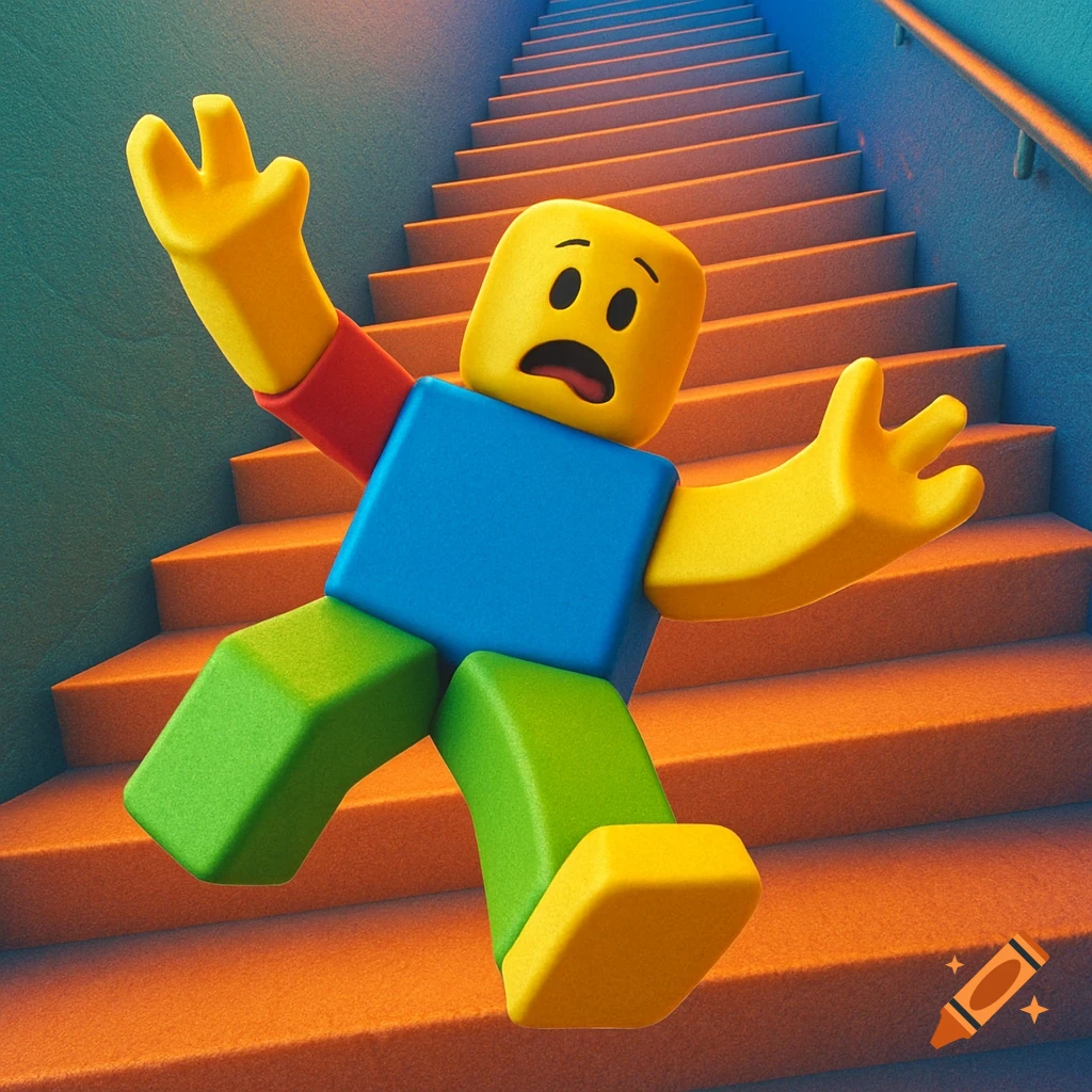 A blocky Roblox-style character in primary colors falling down a flight of orange stairs.