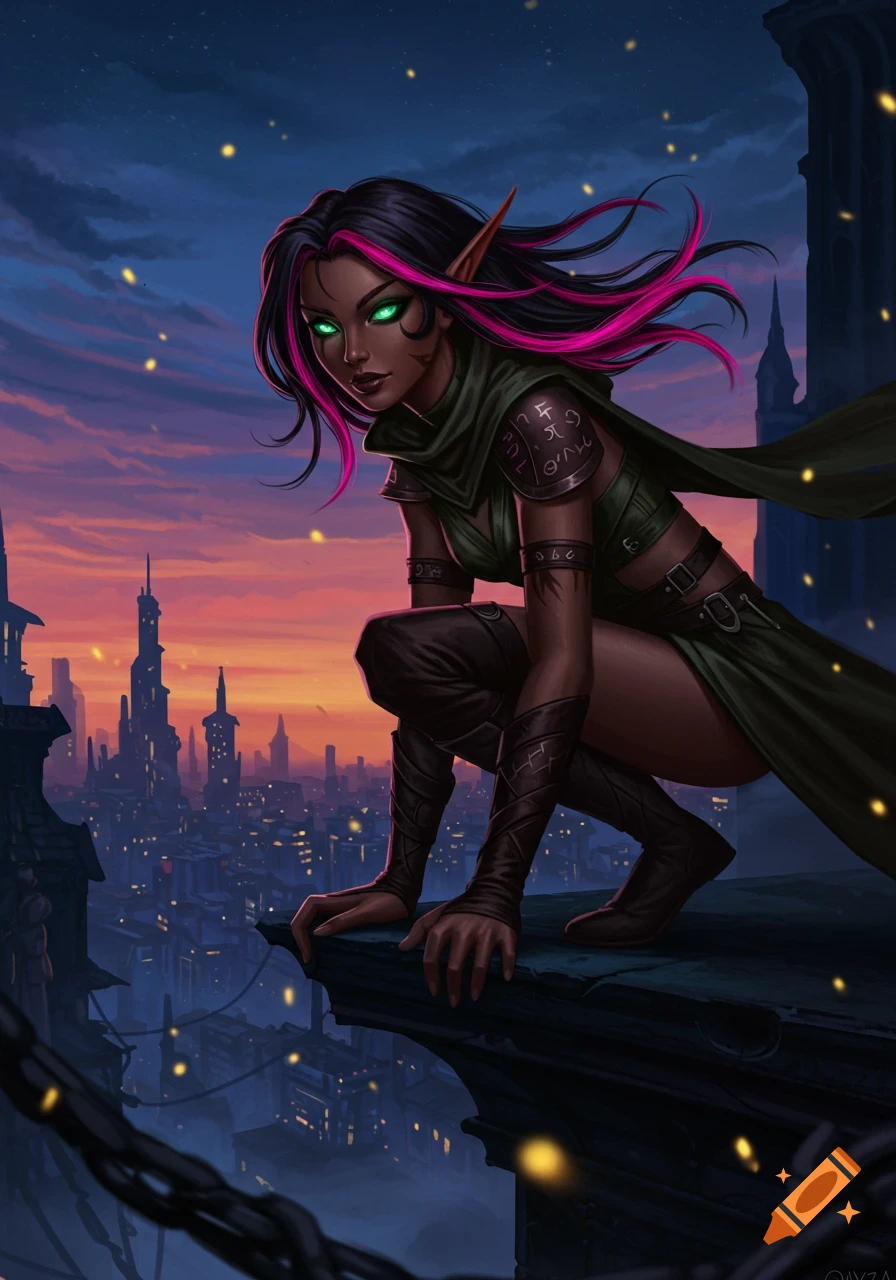 A dark-skinned female elf with pink-streaked hair and glowing green eyes crouches on a rooftop, overlooking a futuristic city at dusk.