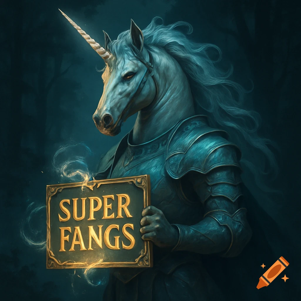 A majestic unicorn warrior wearing blue-green armor holds a glowing sign that reads 'SUPER FANGS' in a dark, mystical forest.