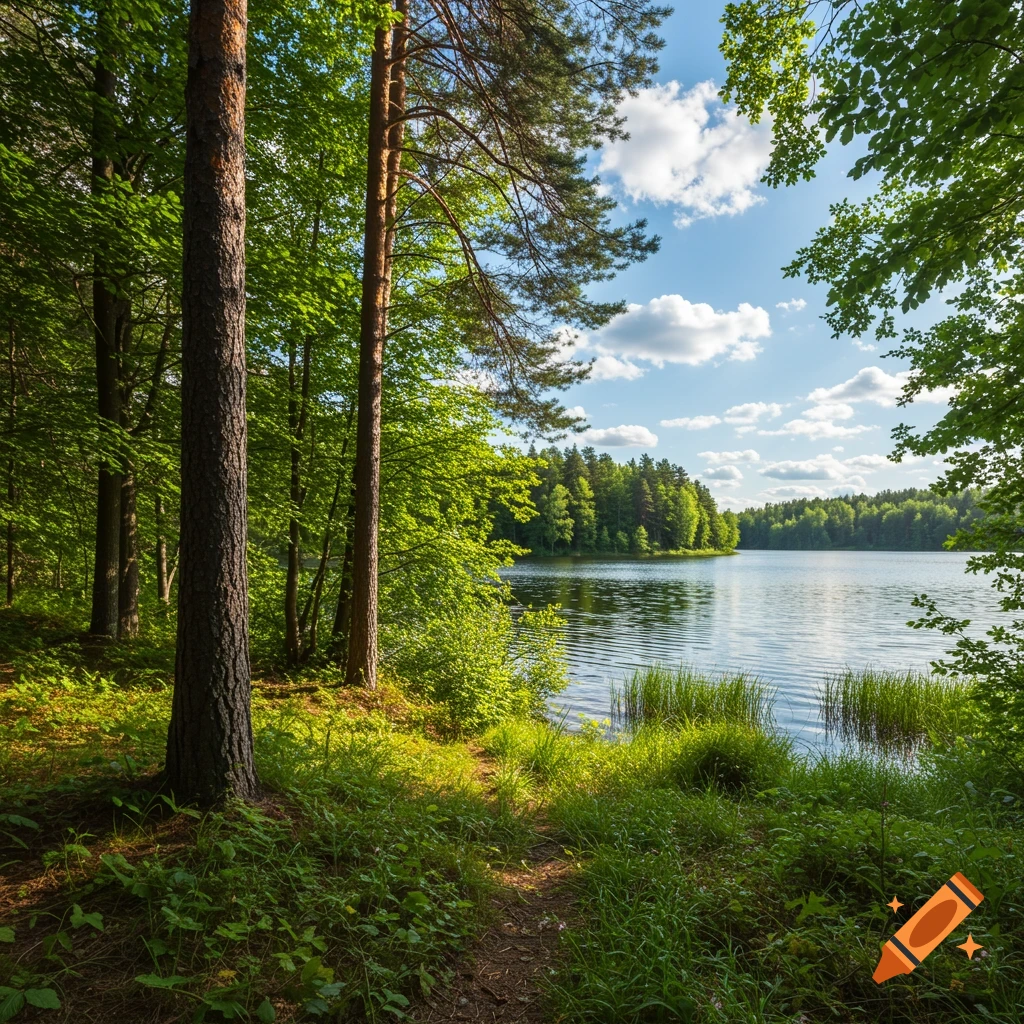A serene forest scene with tall trees and green foliage framing a calm lake under a blue sky.