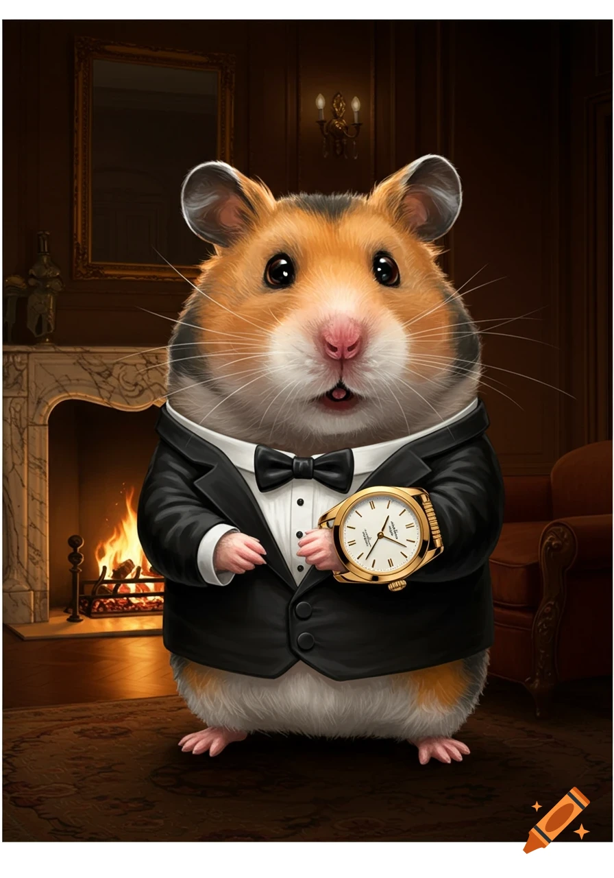 A cute hamster wearing a black tuxedo and a gold watch stands in a richly decorated room with a fireplace.