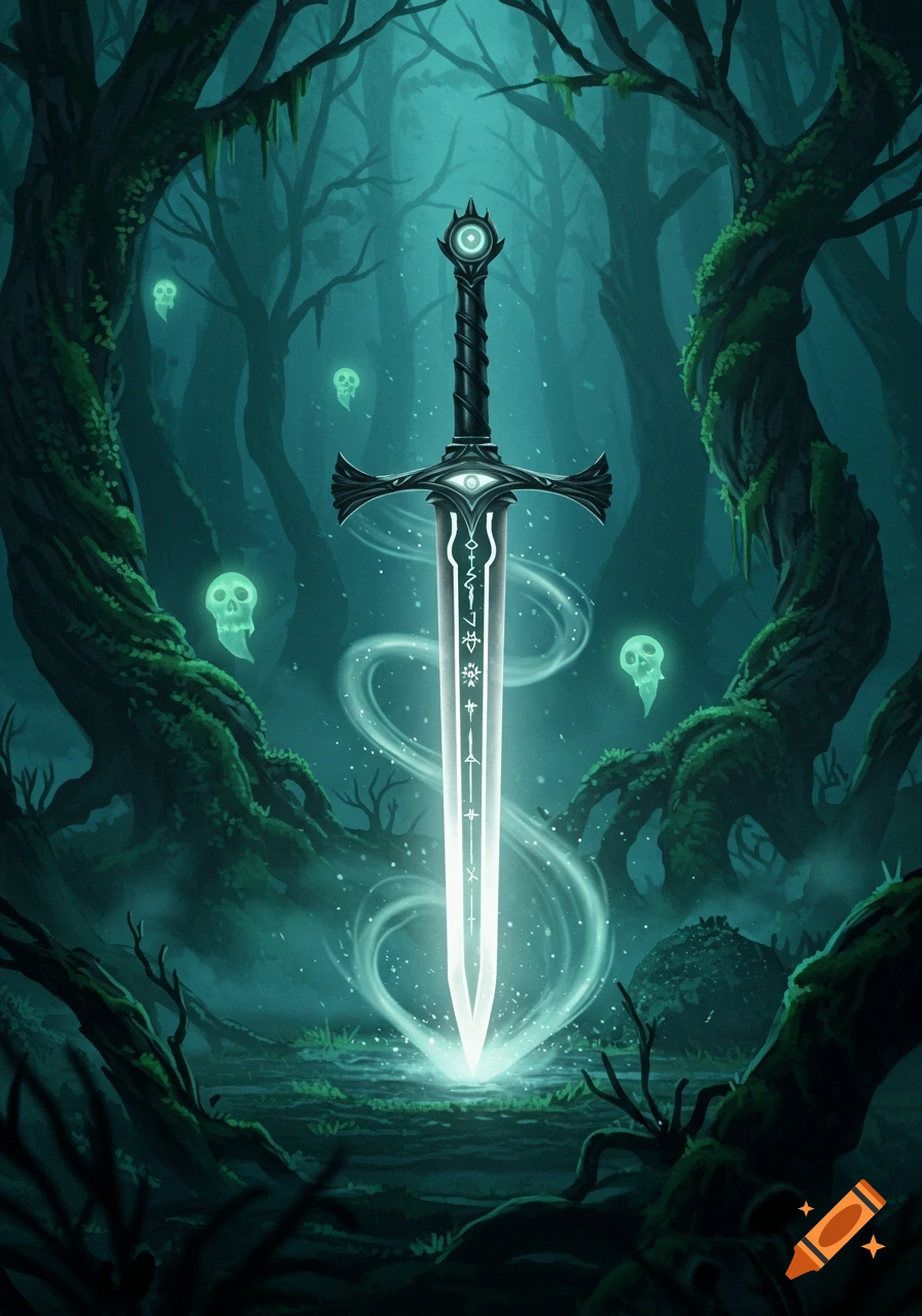 A glowing magical sword stands upright in a dark, misty fantasy forest with ethereal skull spirits floating around.