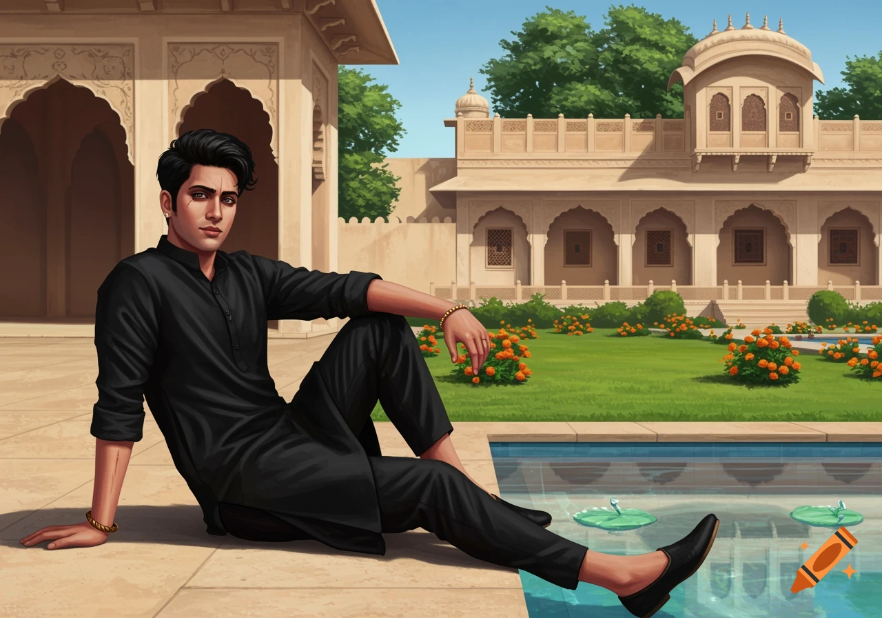 An illustrated portrait of a 25-year-old Indian male in a black Salwar Kameez, sitting by a pool with a traditional mansion behind him.