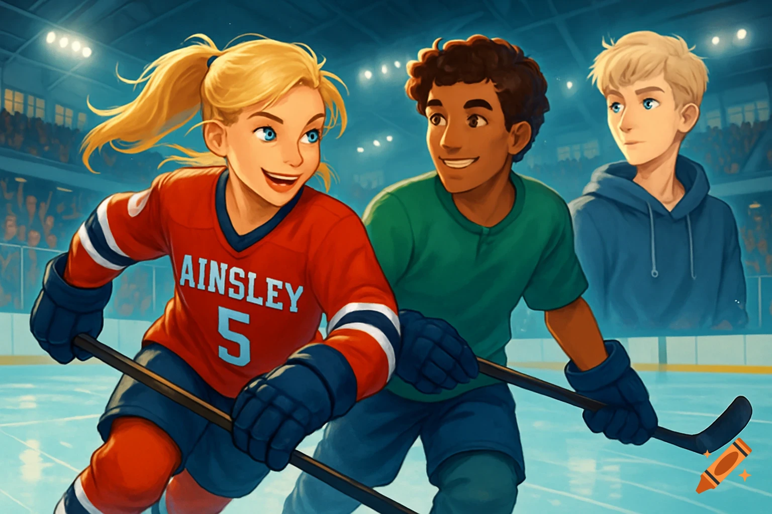 An illustration of a smiling girl in a red hockey jersey with 'AINSLEY 5' on it, on an ice rink with two boys.
