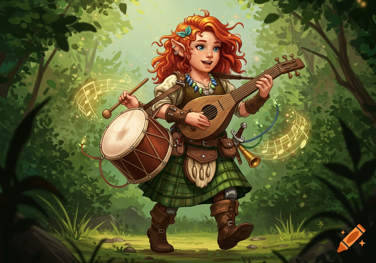 A cheerful, red-haired halfling bard plays a lute and drum in a vibrant forest, with musical notes floating.