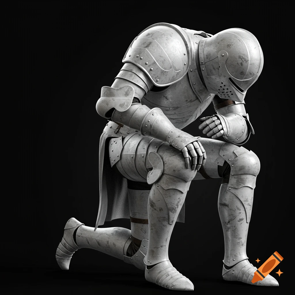 A photorealistic white-armored knight kneels on a black background, head bowed.