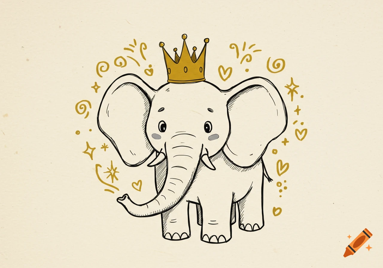 A cute cartoon elephant wearing a golden crown, surrounded by golden swirls and stars, on a textured light background.