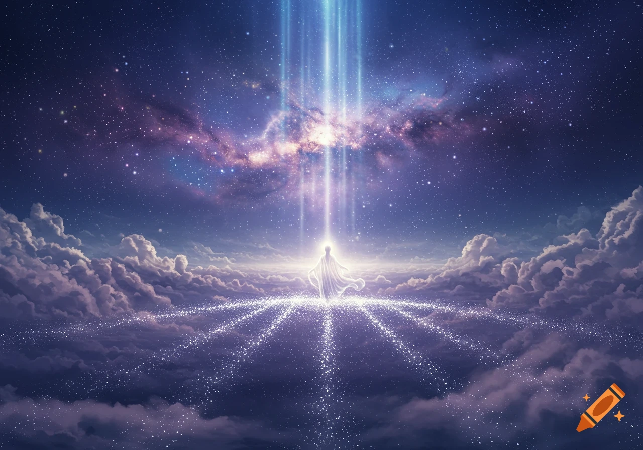 Ethereal figure in a flowing robe, standing on sparkling light above clouds under a starry night sky with glowing beams.