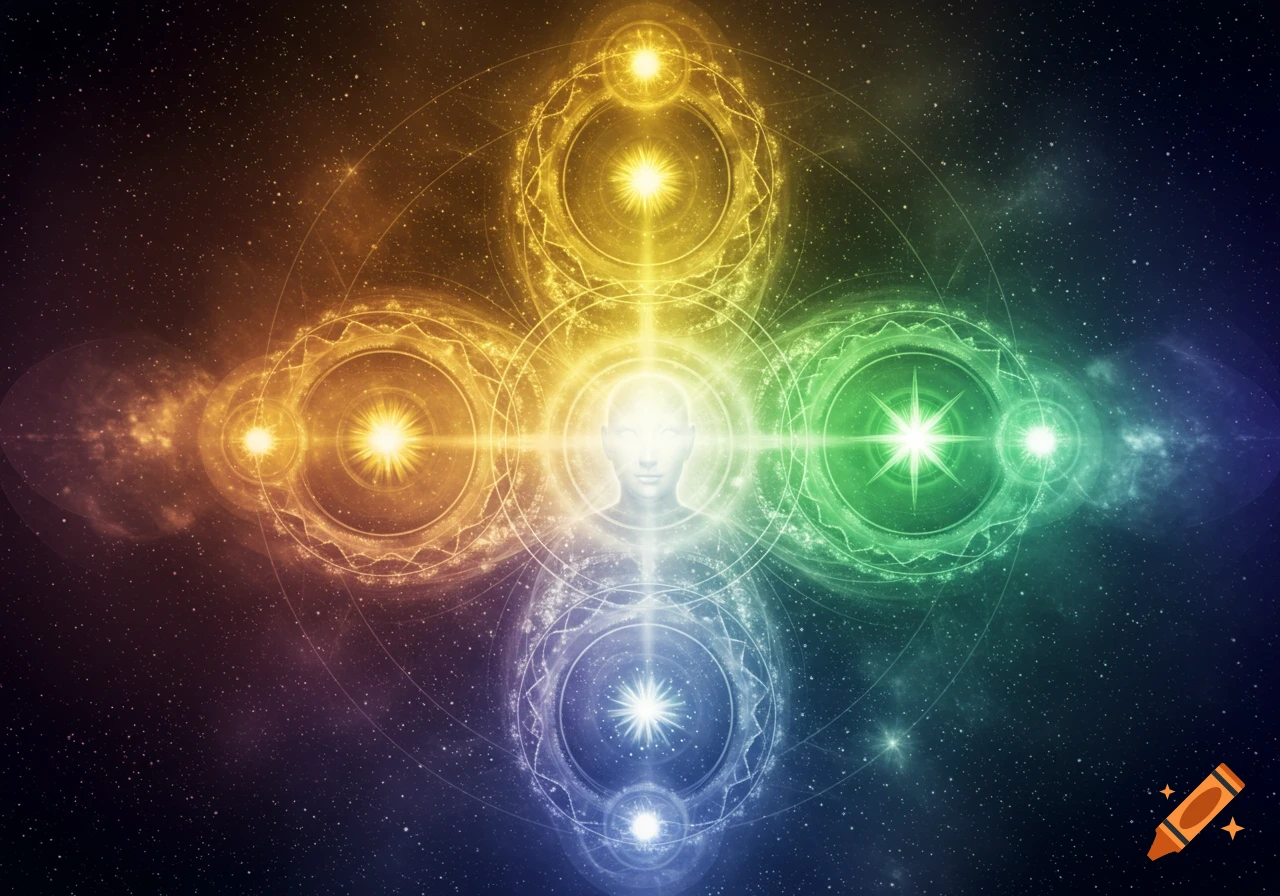 A glowing ethereal human figure centered in a cosmic pattern with four large, vibrant, colored spheres representing different energies against a starry background.
