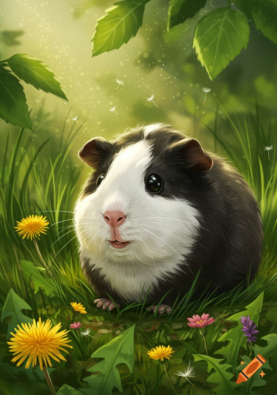 A charming black and white guinea pig in vibrant green grass with yellow dandelions and colorful flowers. Brightly illustrated.