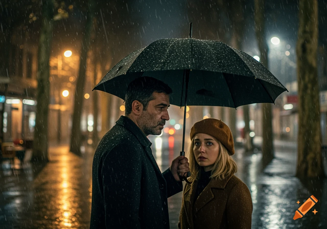 A man and a woman stand under an umbrella in heavy rain on a city street at night, illuminated by streetlights.