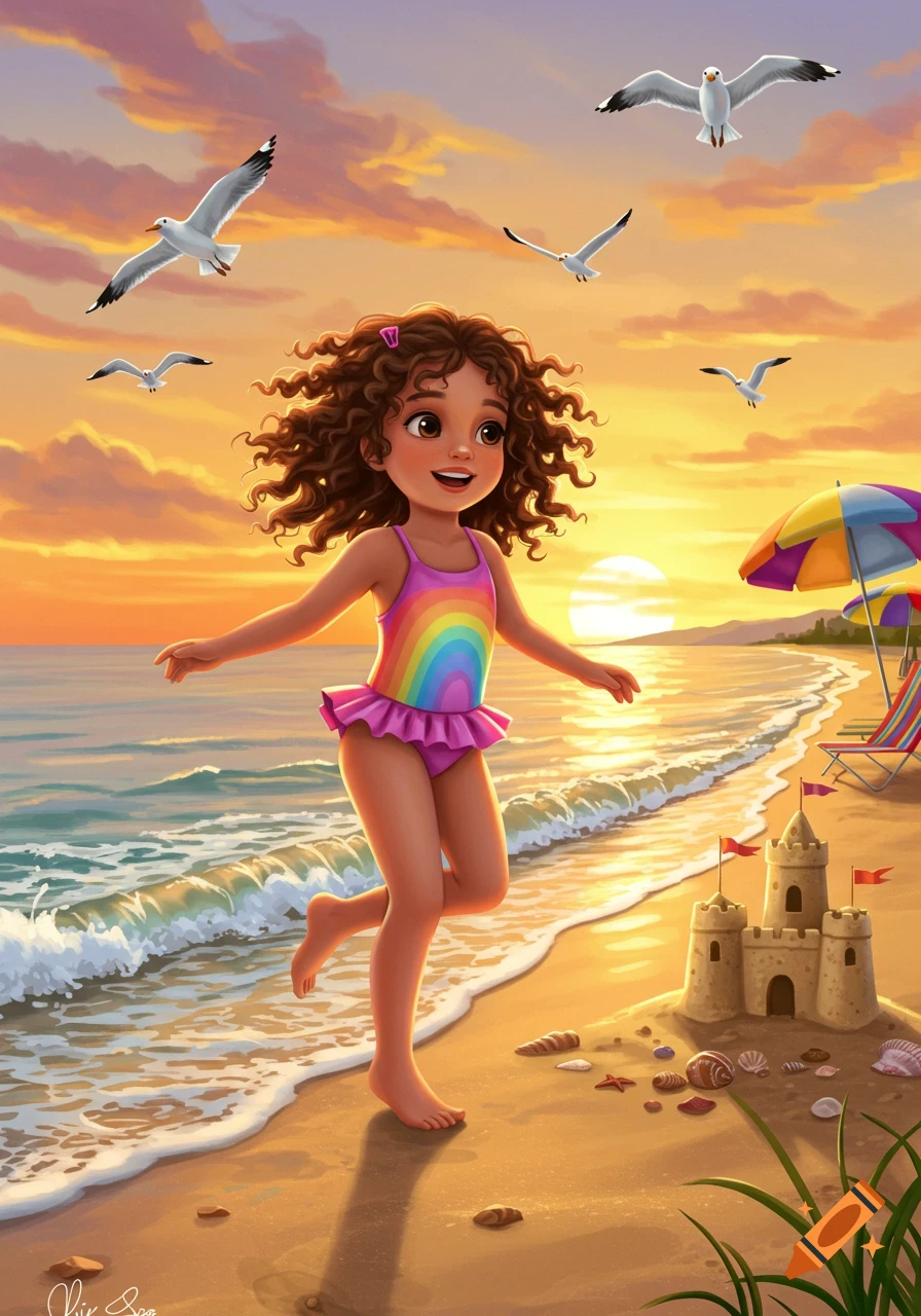 An illustration of a happy little girl with curly hair running along a sandy beach at sunset, with a sandcastle and seagulls.