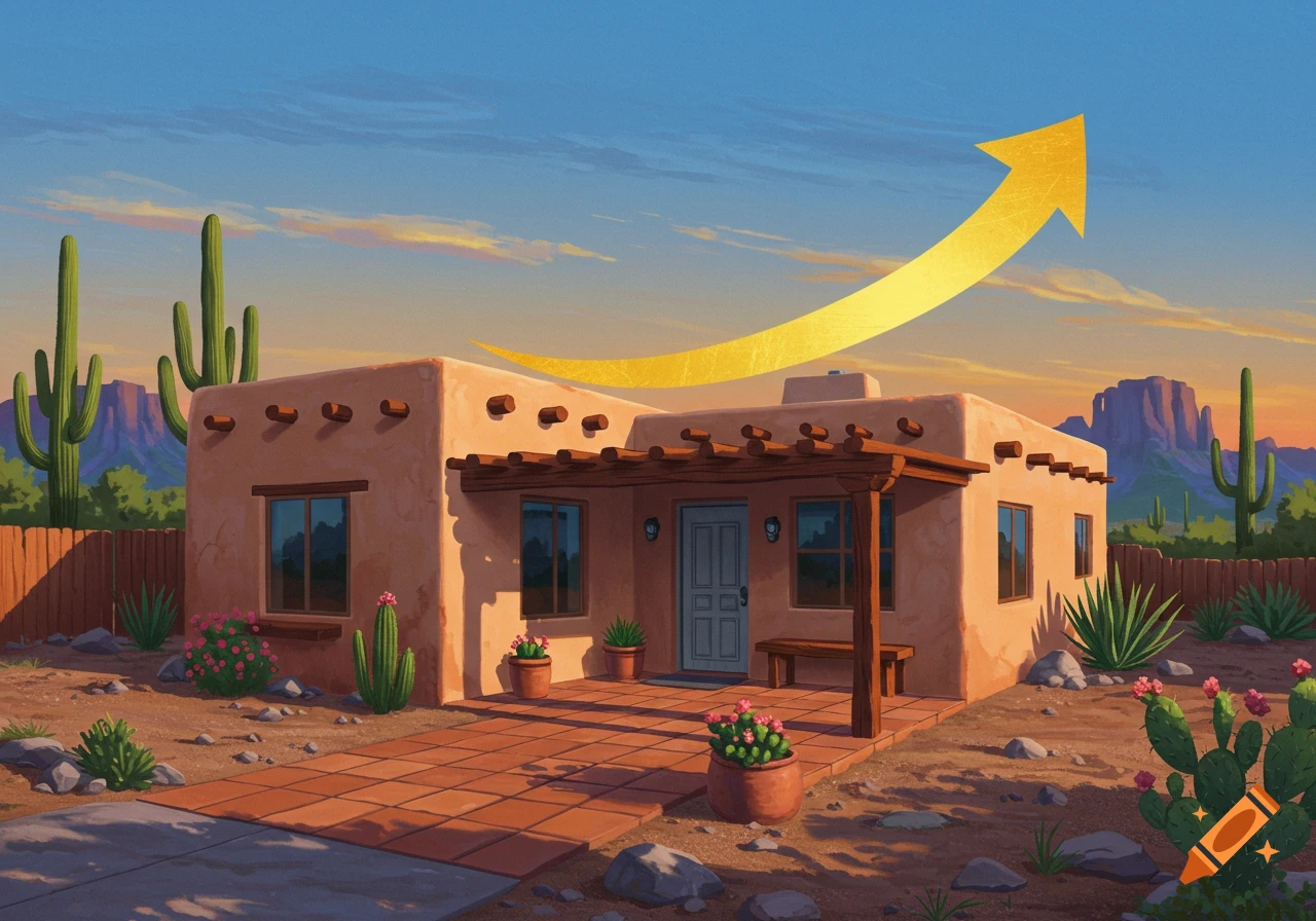 Illustrated adobe house in desert with cacti and mountains, under a colorful sky, with a golden arrow rising above it.
