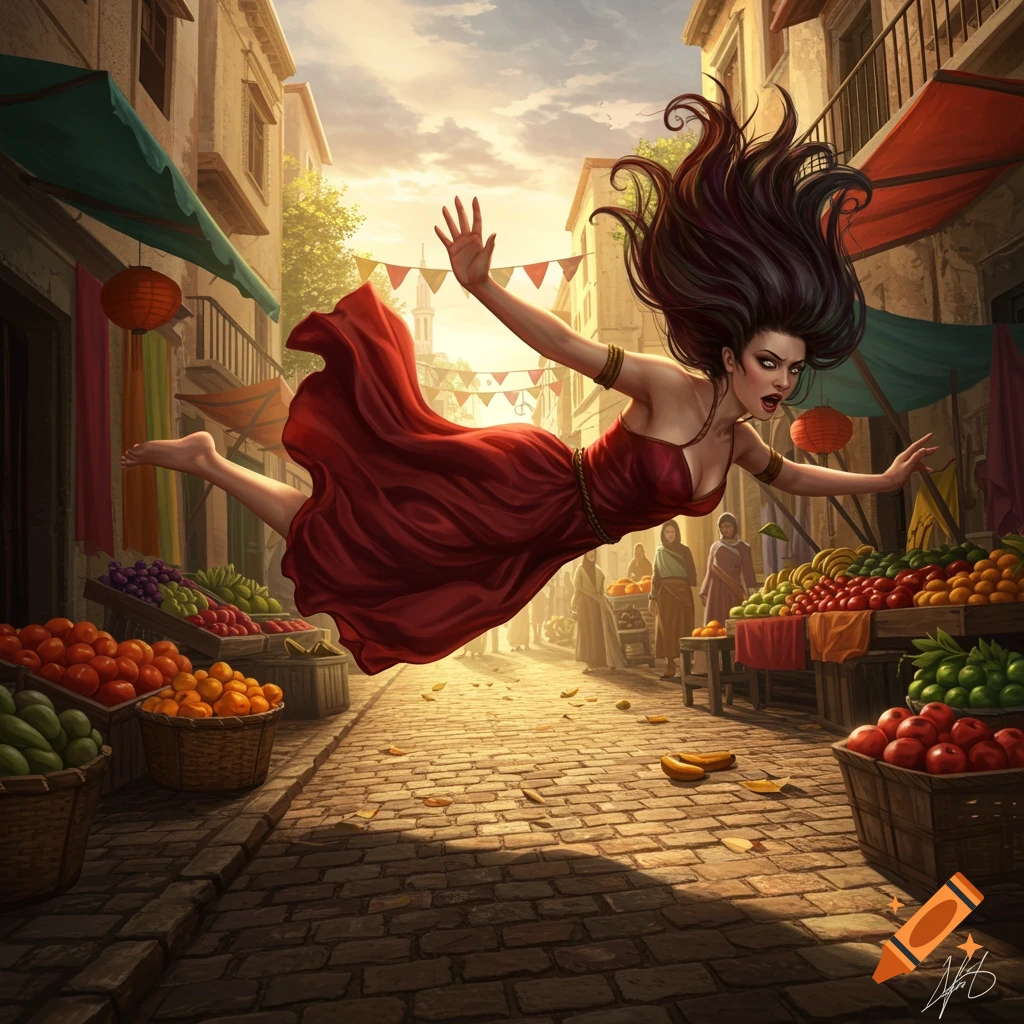 A woman in a flowing red dress dramatically falls through a bustling, sunlit market street filled with fruit stalls, in a digital painting.