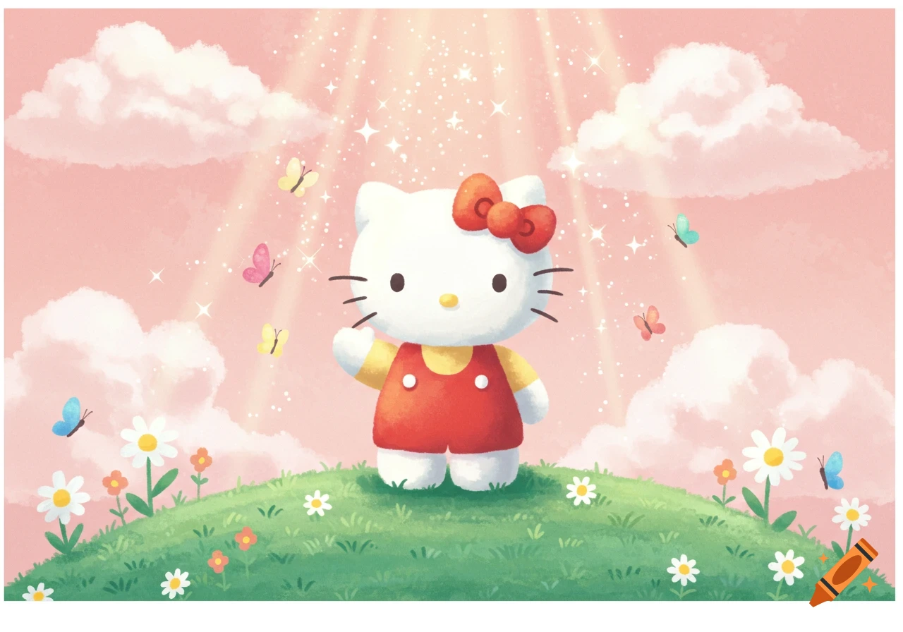 Hello Kitty in red overalls on a green hill with flowers. Pink sky, sparkling light rays, and colorful butterflies in a cartoon style.