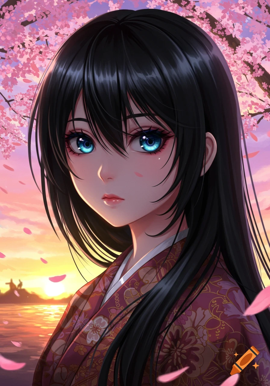 Anime portrait of a black-haired girl with blue eyes, wearing a kimono, with pink cherry blossoms and a sunset background.