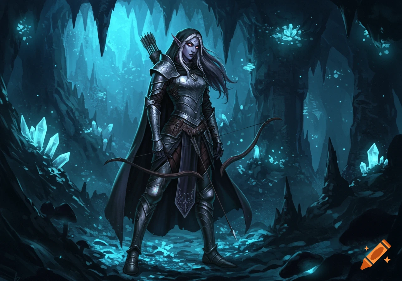 A drow ranger in dark armor stands holding a bow in a luminous blue crystal cave.