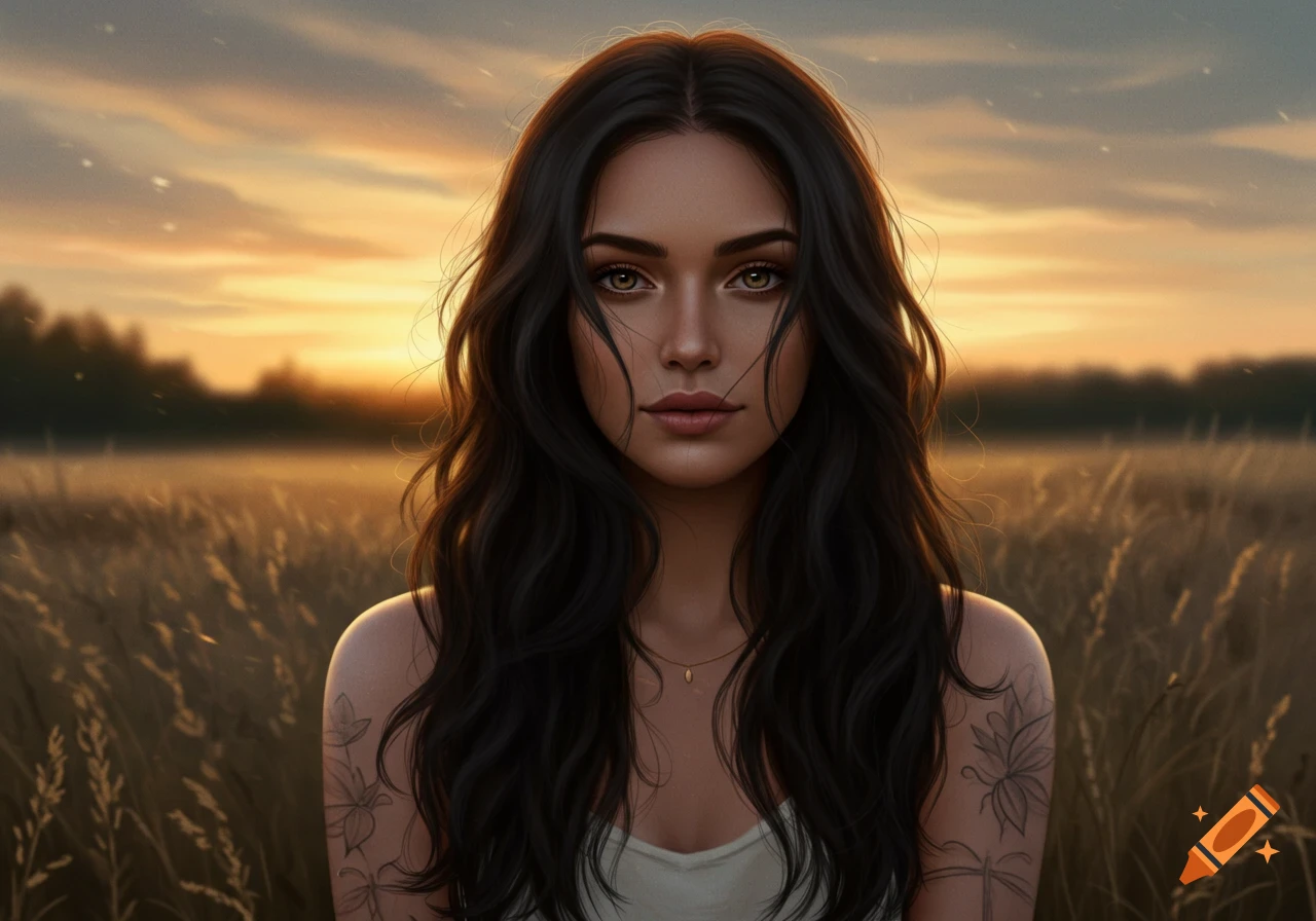 Photorealistic portrait of a woman with long dark wavy hair, hazel eyes, and tattoos, standing in a golden field at sunset.