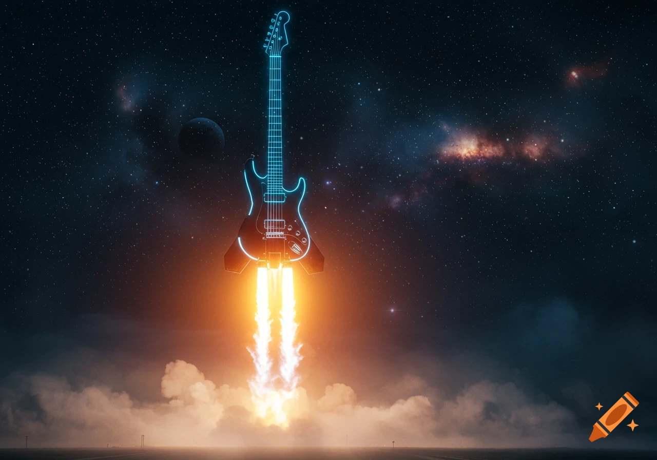 A neon-outlined electric guitar shaped like a rocket blasts off into a starry night sky with nebulae.