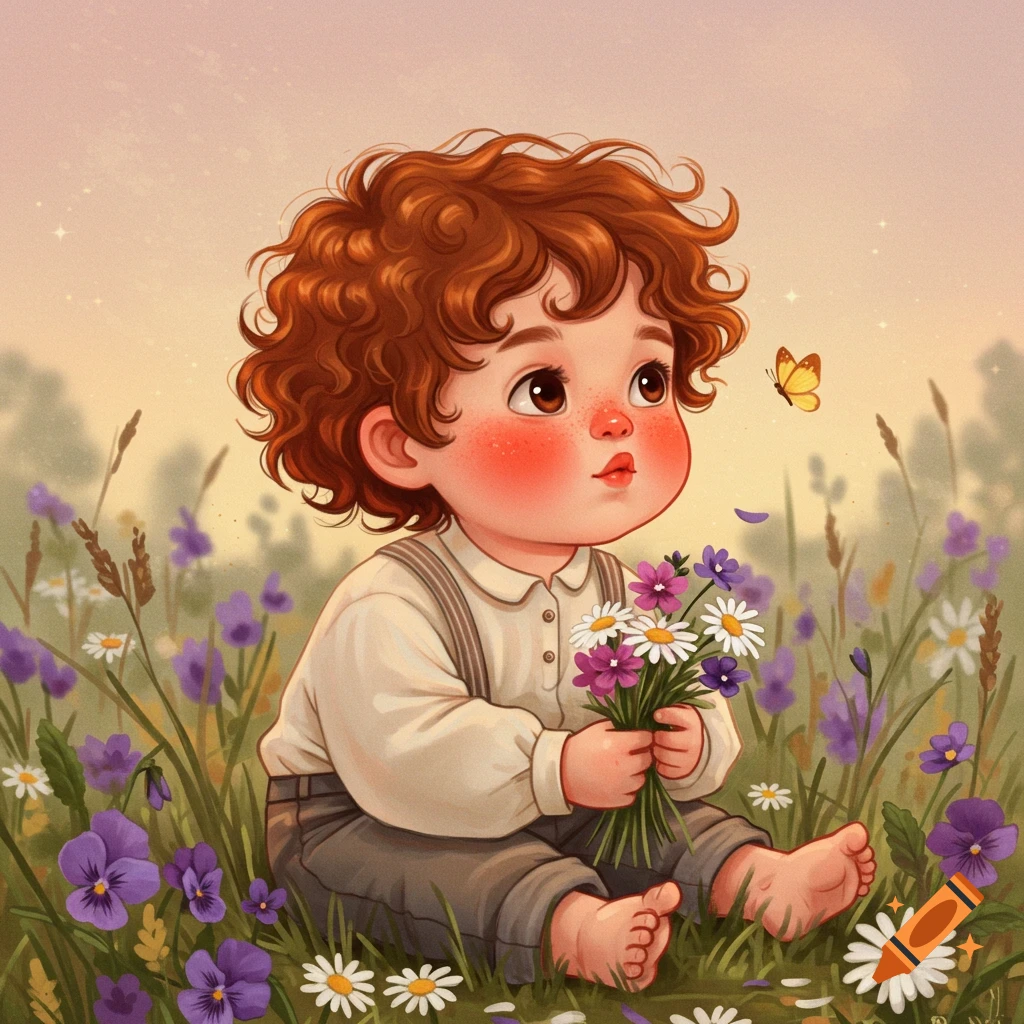 Cute illustrative boy with red curly hair holding flowers in a field, looking at a butterfly.