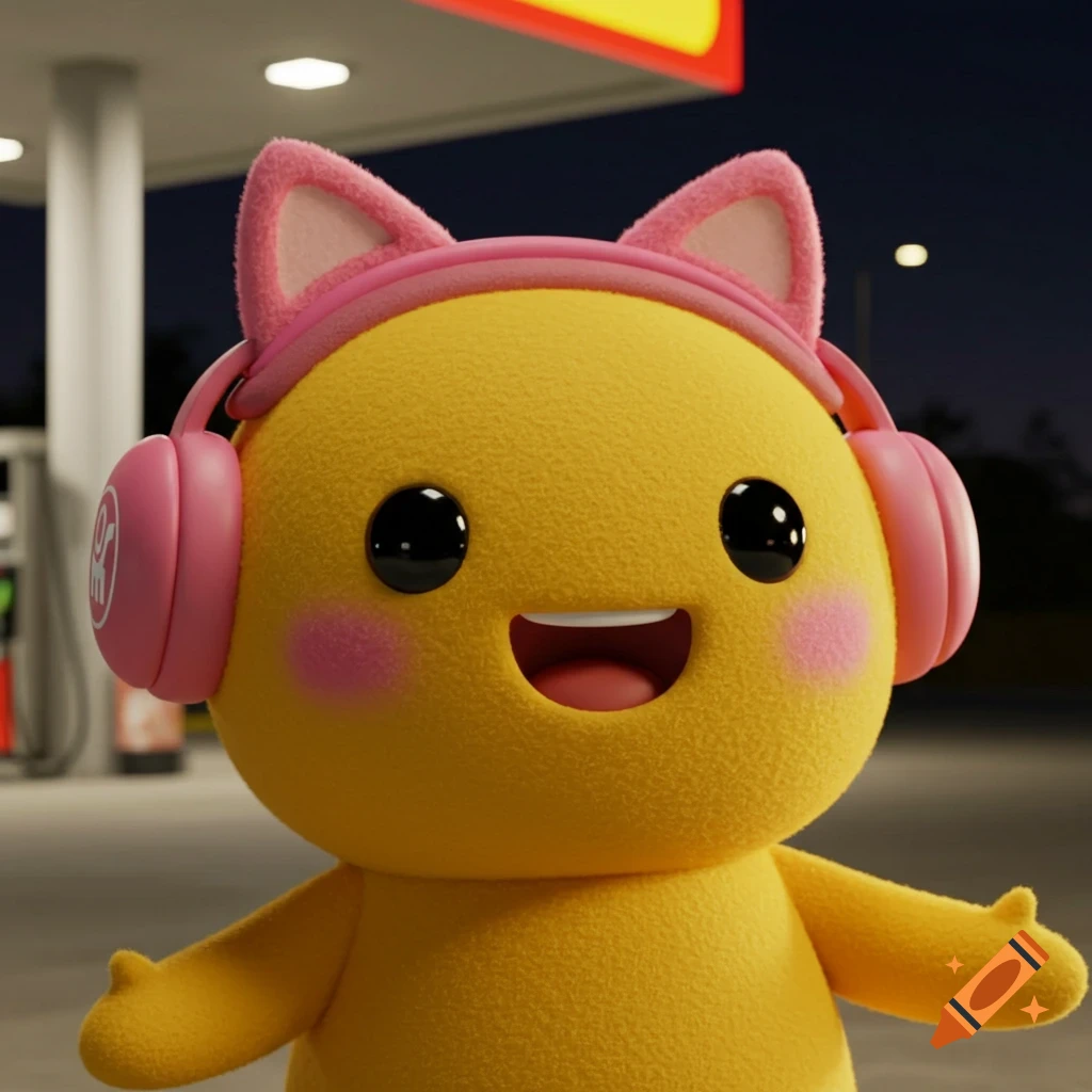 A smiling yellow cartoon character with black eyes, pink cat-ear headphones, and blush on its cheeks, stands at a gas station.