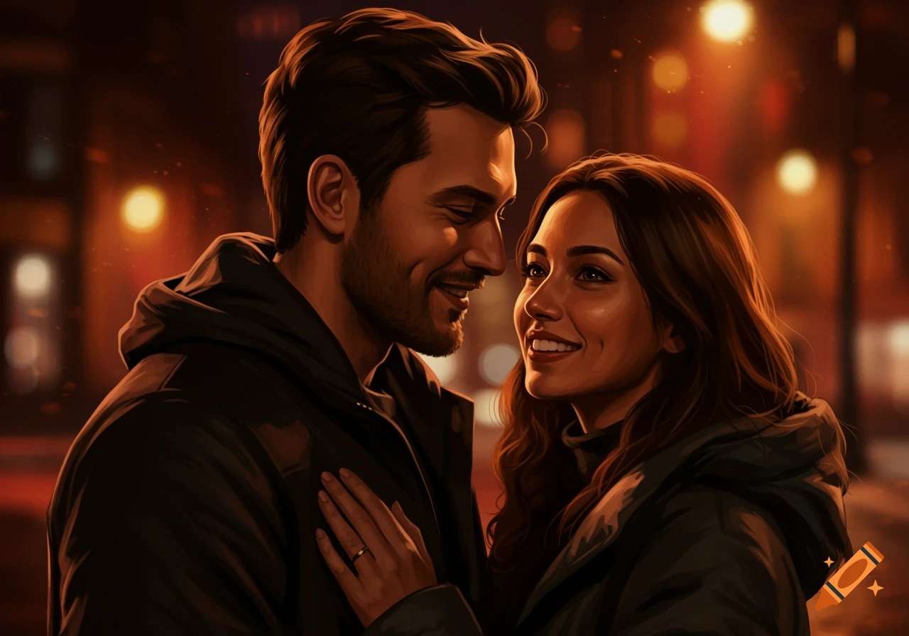 A smiling couple looking into each other's eyes, illuminated by warm city lights at night.