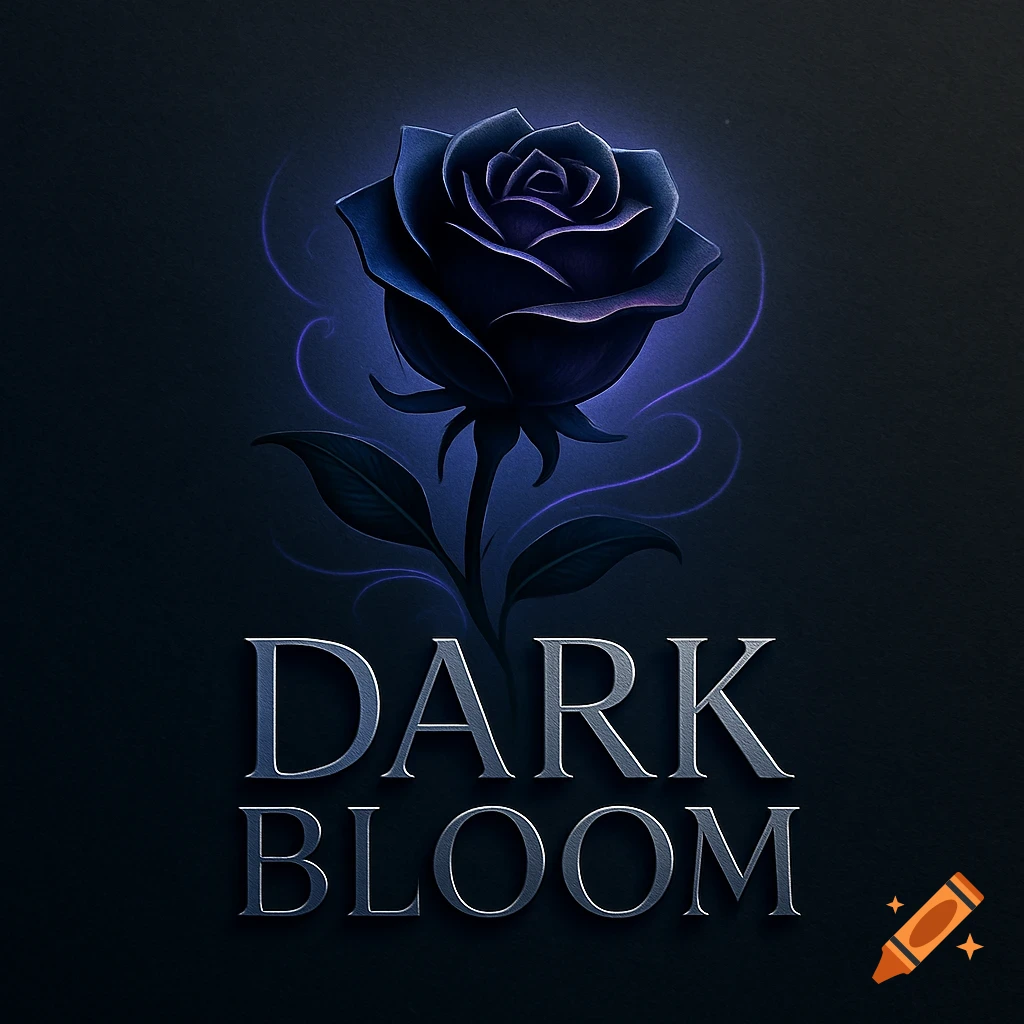 A dark blue rose with a purple glow, above metallic text 'DARK BLOOM', on a dark background as a logo.