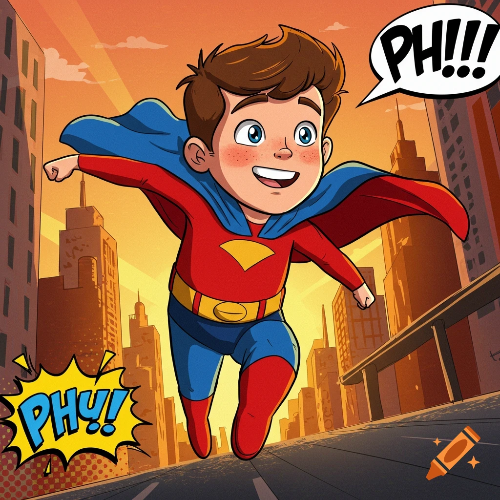 A cartoon boy in a red and blue superhero costume and cape flies over a city skyline at sunset in a comic book style.