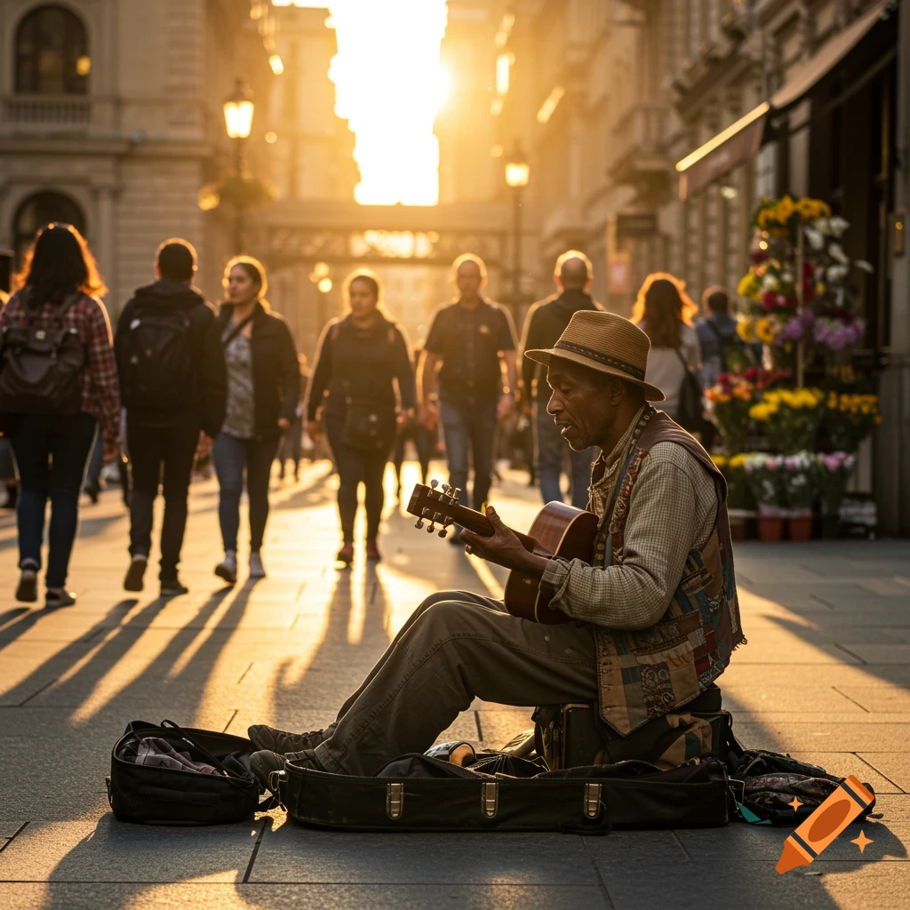 A photorealistic image of a street musician playing guitar on a city sidewalk in warm, golden light with blurred pedestrians.