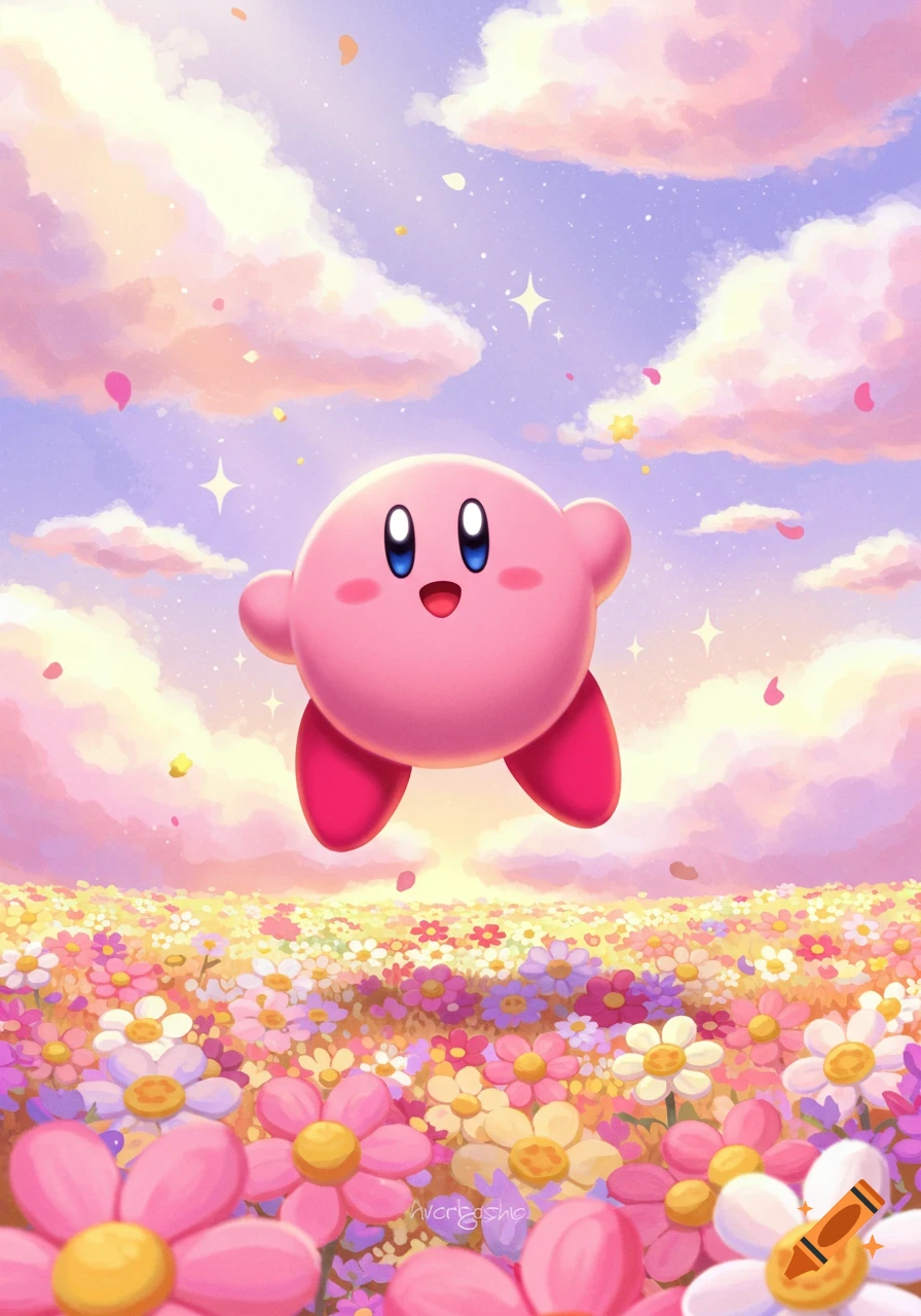 Pink round Kirby floats over a field of colorful flowers under a cloudy, pastel sky with falling petals and stars.