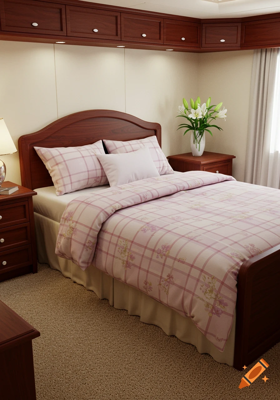 A cozy bedroom with a queen-size bed, feminine plaid comforter, wooden headboard and nightstands, wall-to-wall carpeting, and white lilies in a vase.