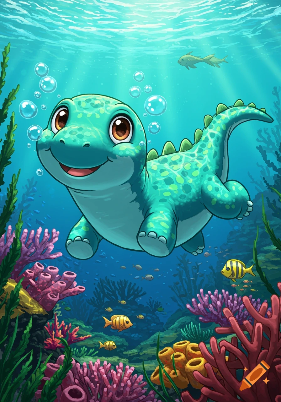 A cute, green cartoon dinosaur with large eyes smiles while swimming underwater with colorful coral and fish.