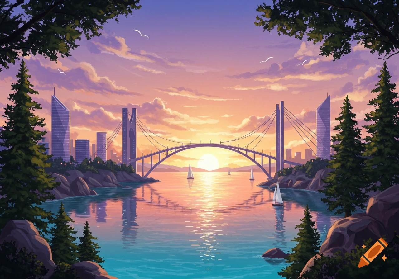 A vibrant sunset over a city skyline with a large bridge spanning a body of water, framed by trees.
