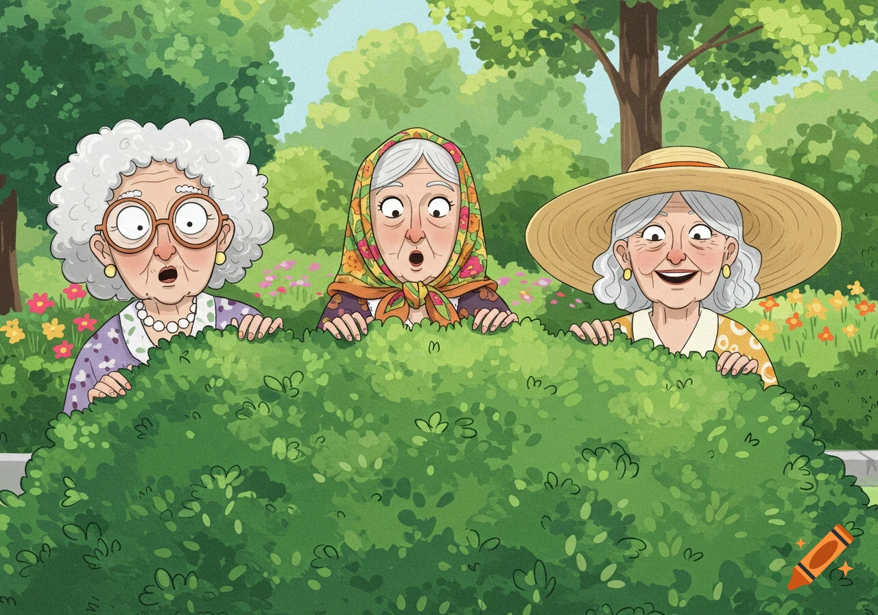 Three cartoon elderly women with varied expressions peek over a green bush in a bright park with flowers and trees.