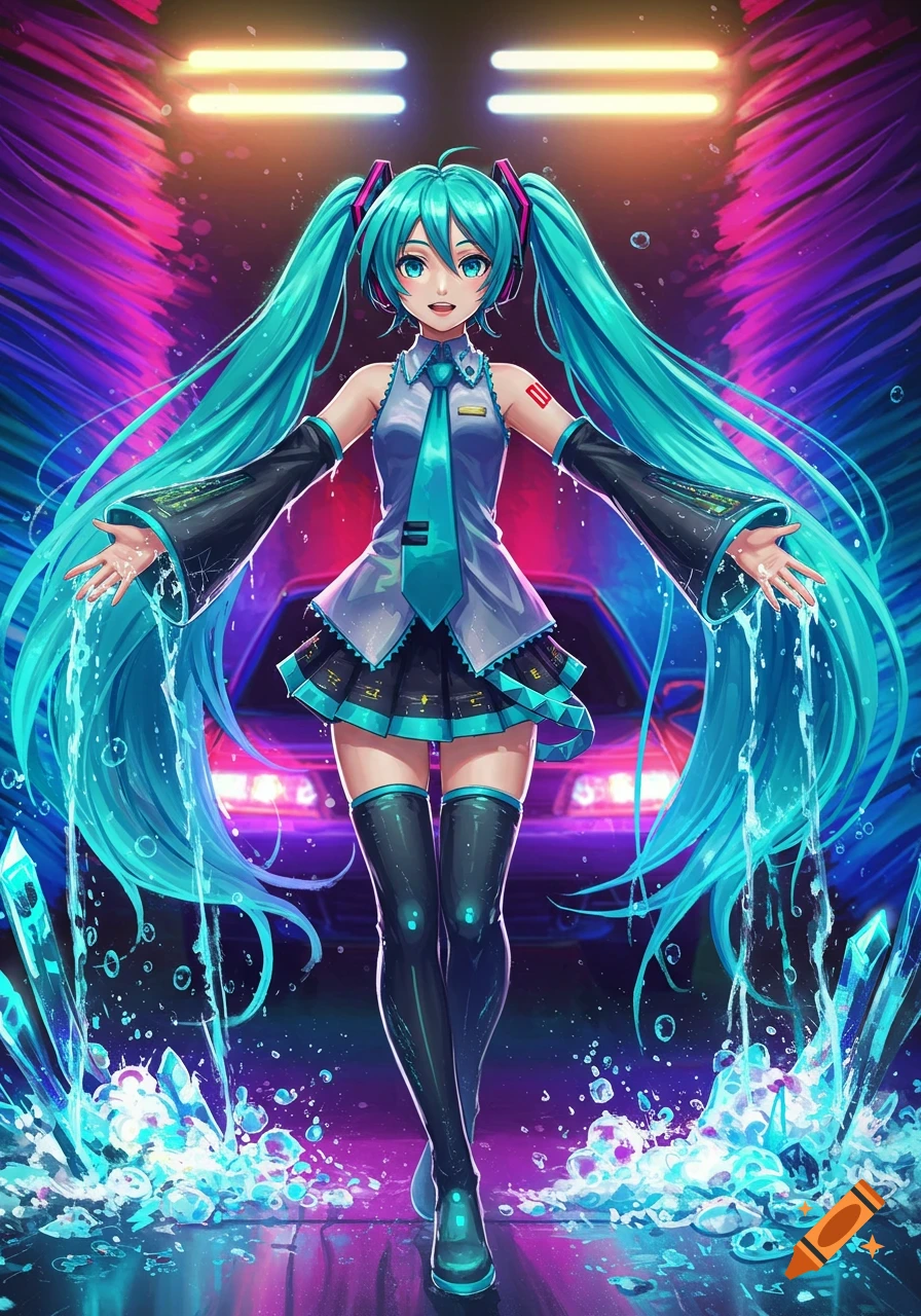 Hatsune Miku stands in a vibrant neon car wash with water flowing from her hair and hands, surrounded by glowing bubbles and crystals, in a digital art style.