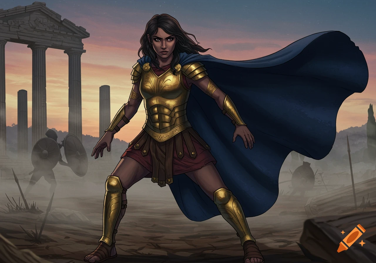 A dark-haired female warrior in golden armor and a blue cape stands in a ready pose on a dusty battlefield with ancient ruins at sunset.
