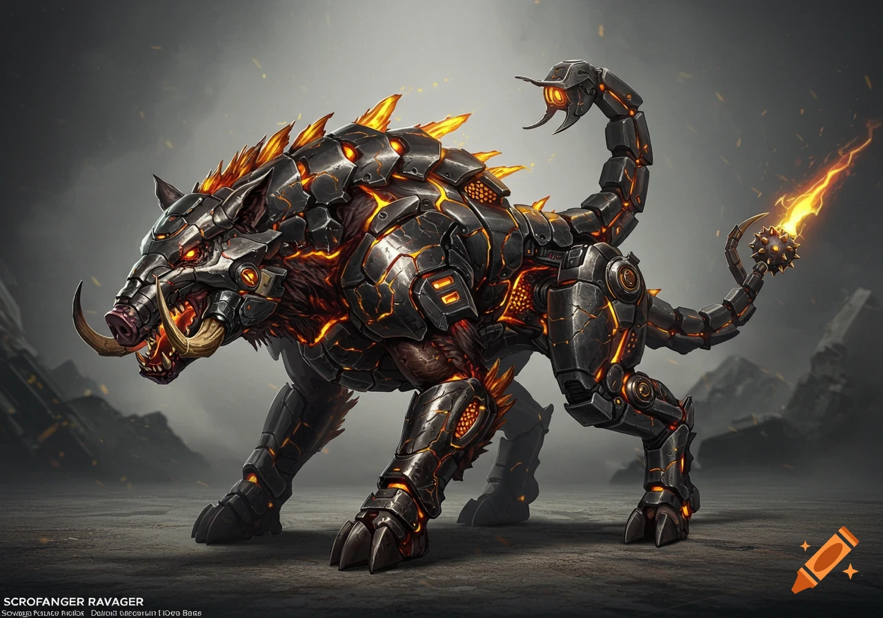 A powerful armored beast with boar-like tusks and a scorpion tail, glowing with orange energy, in digital art style.