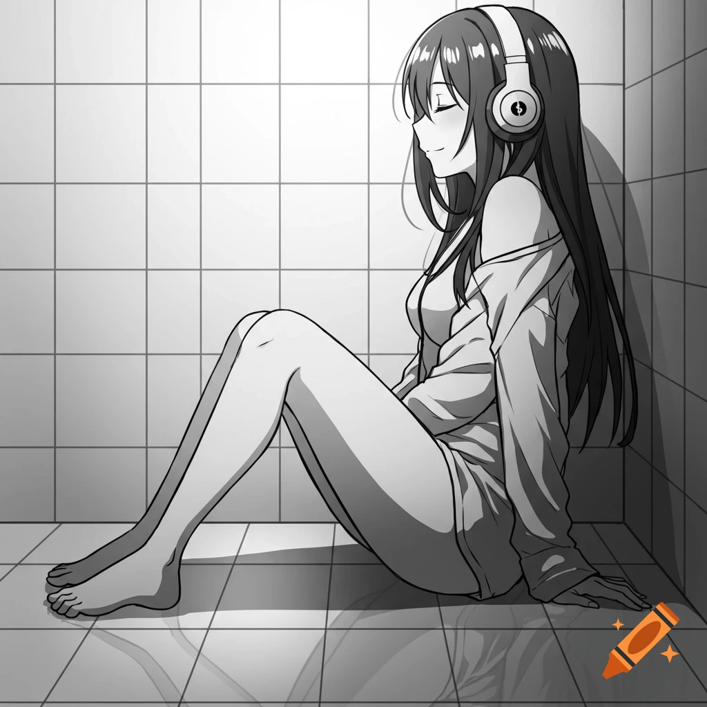 Black and white anime sketch of a girl with headphones, eyes closed, sitting on a tiled floor.