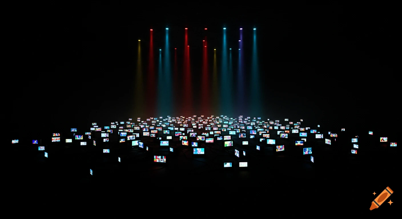 Hundreds of small TV screens displaying various images are scattered across a dark floor, illuminated by colorful spotlights from above.