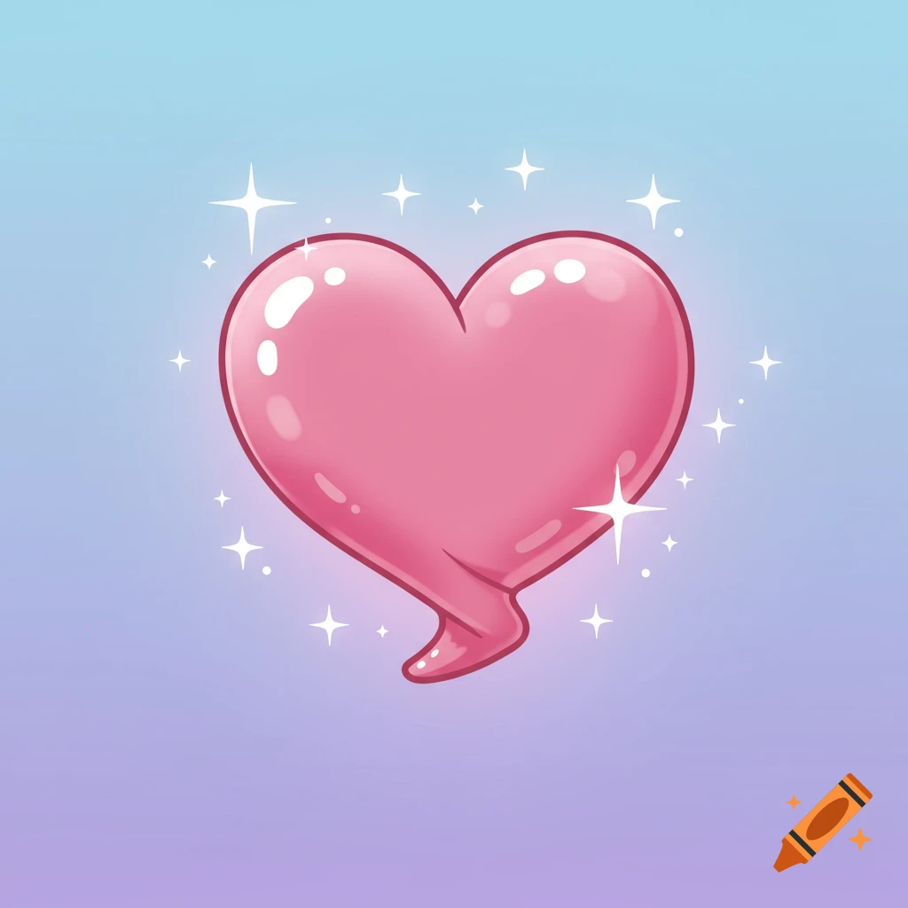 A shiny pink cartoon heart with a pointed bottom is centered on a pastel blue and purple gradient background, surrounded by white sparkles.