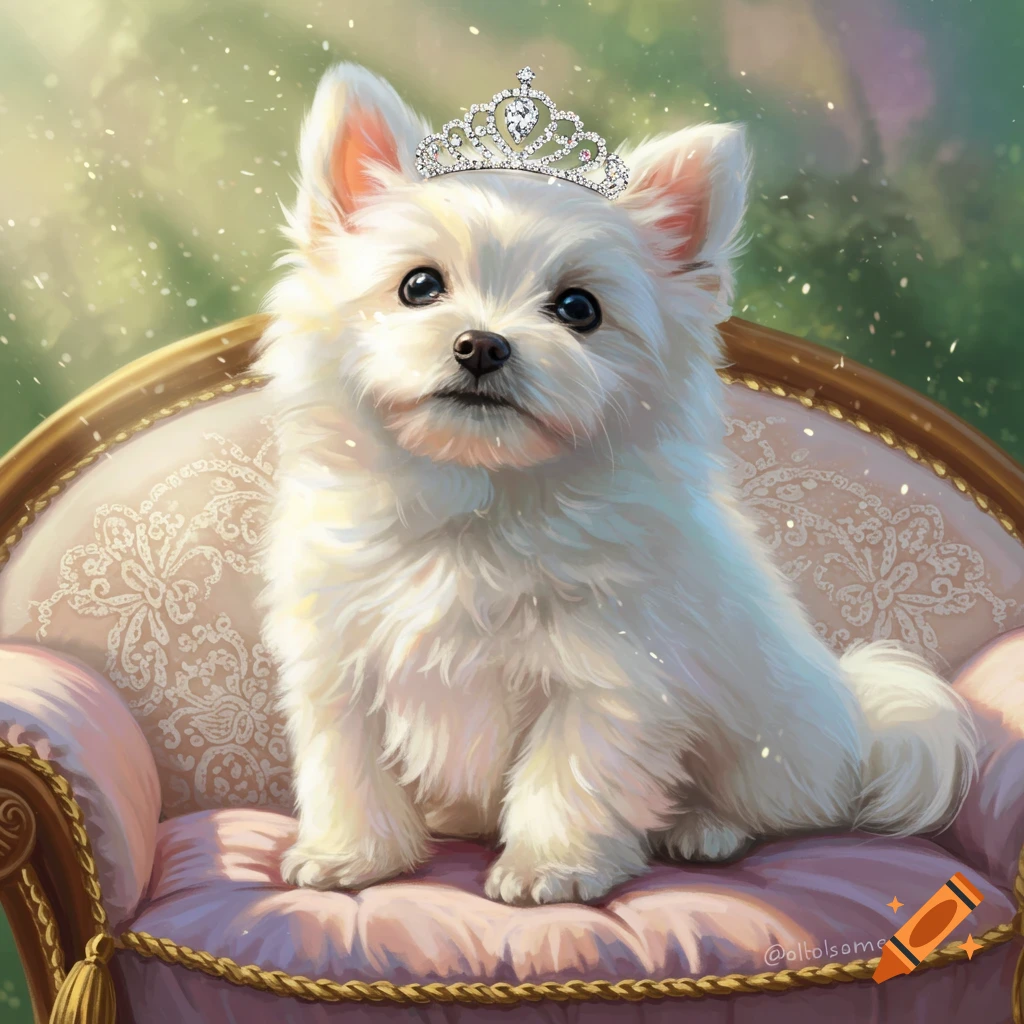 A cute white dog wearing a sparkling diamond tiara sits regally on a pink, ornate chair in a soft, illustrated style.