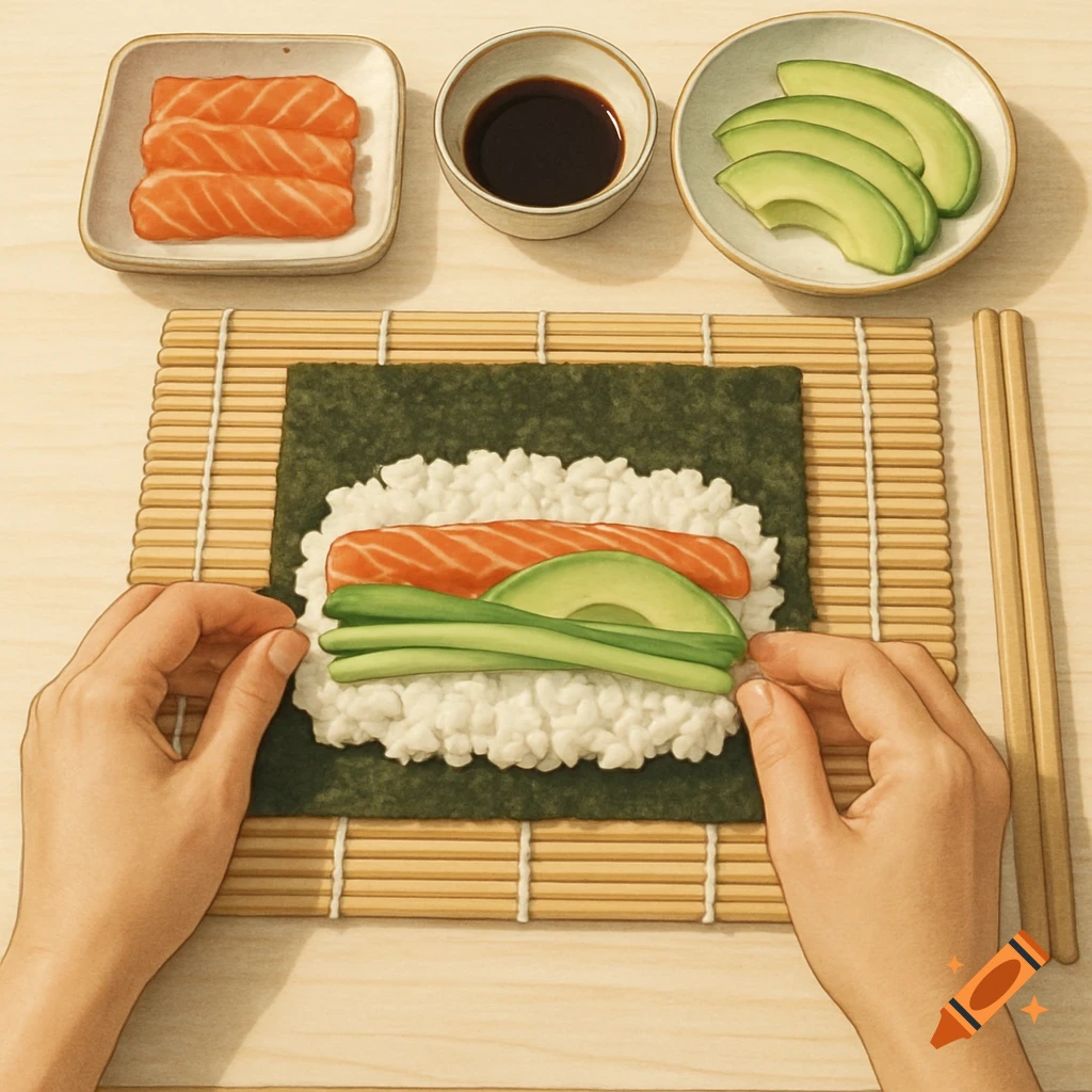 Hands preparing sushi on a bamboo mat with salmon, avocado, and rice, next to soy sauce and extra ingredients.