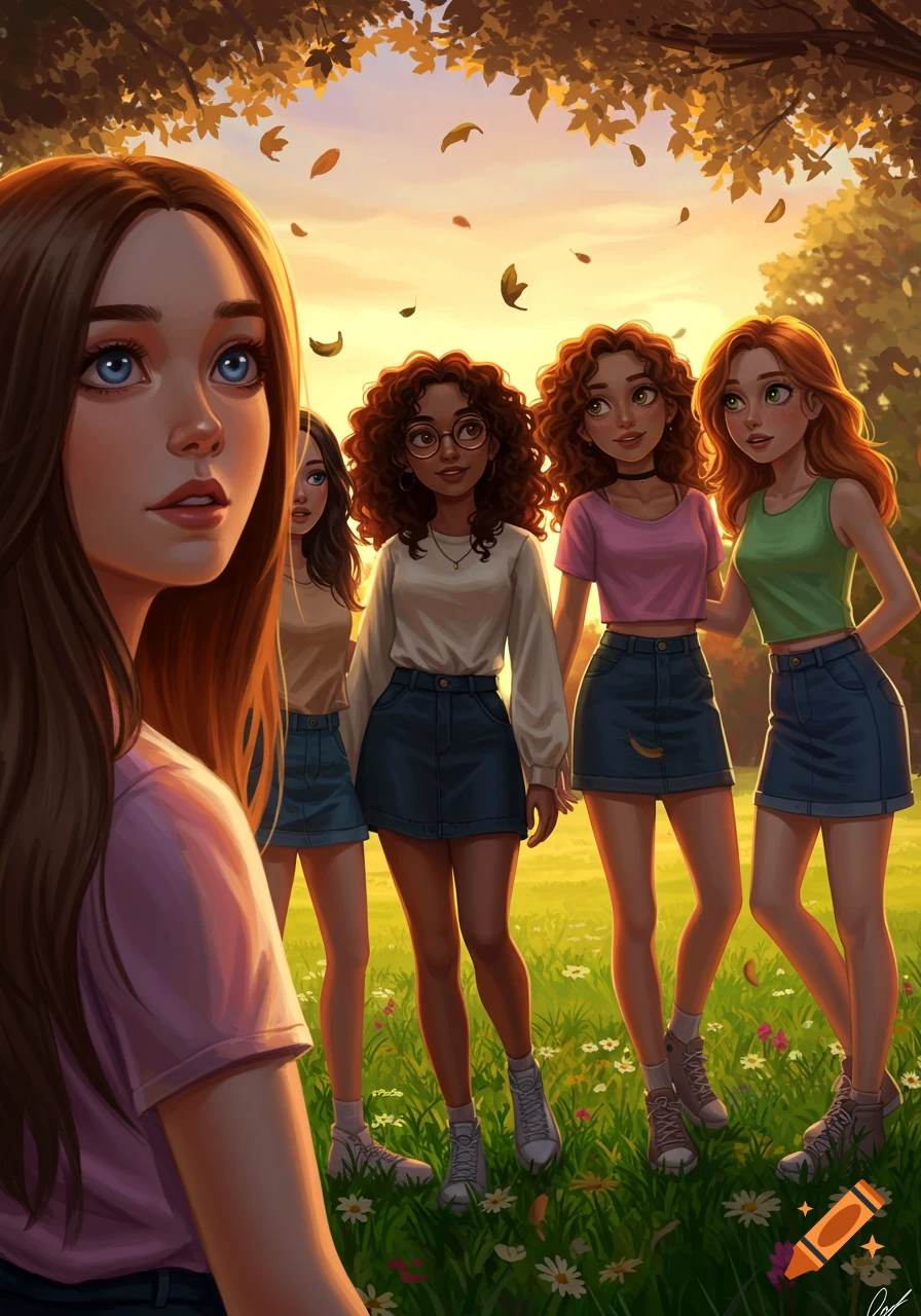 Five teen girls standing in a sunny field with flowers and falling leaves, digital art.