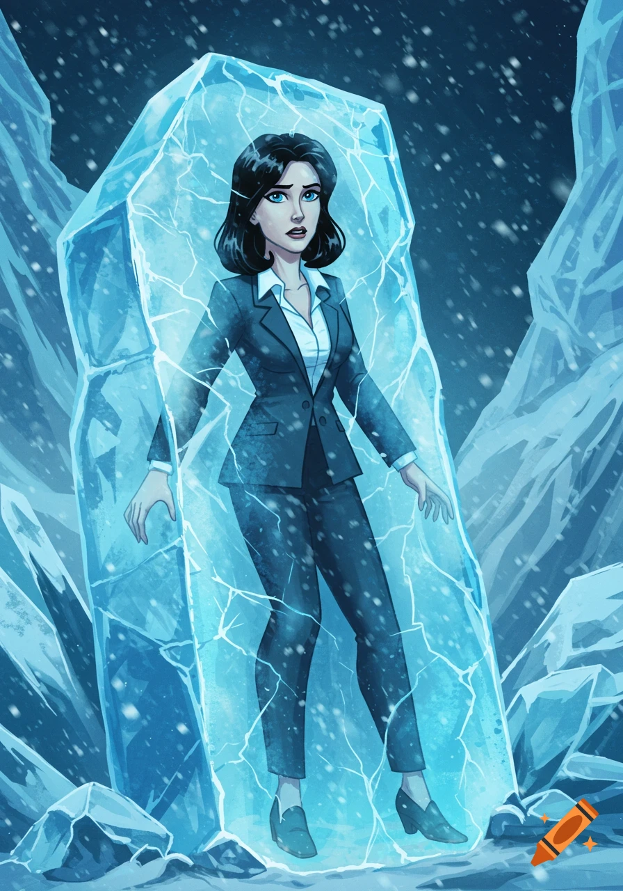 A cartoon woman in a suit is frozen inside a large block of ice in a snowy landscape.