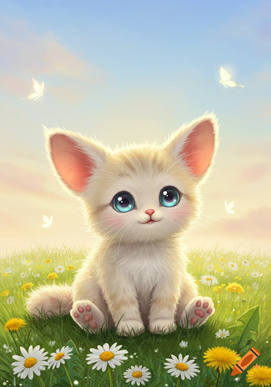 A fluffy, big-eyed kitten-like creature sits in a field of daisies and dandelions under a glowing sky with butterflies.